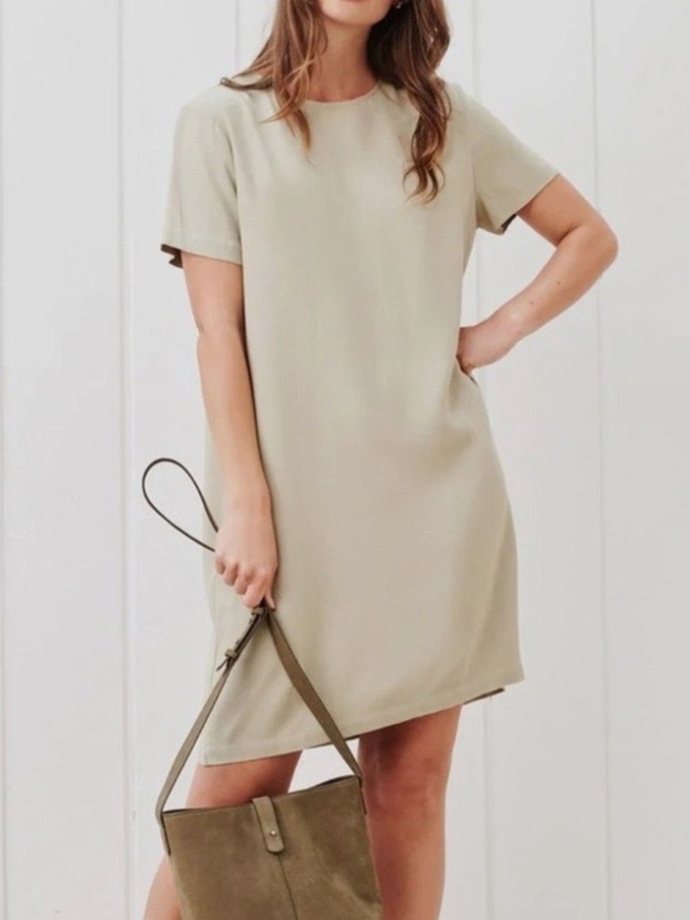 Jenni Kayne Palmer Crepe T-Shirt Dress Willow Beige Neutral Large